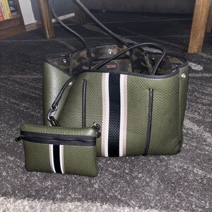HAUTE SHORE Olive Tote with Black and White Stripes